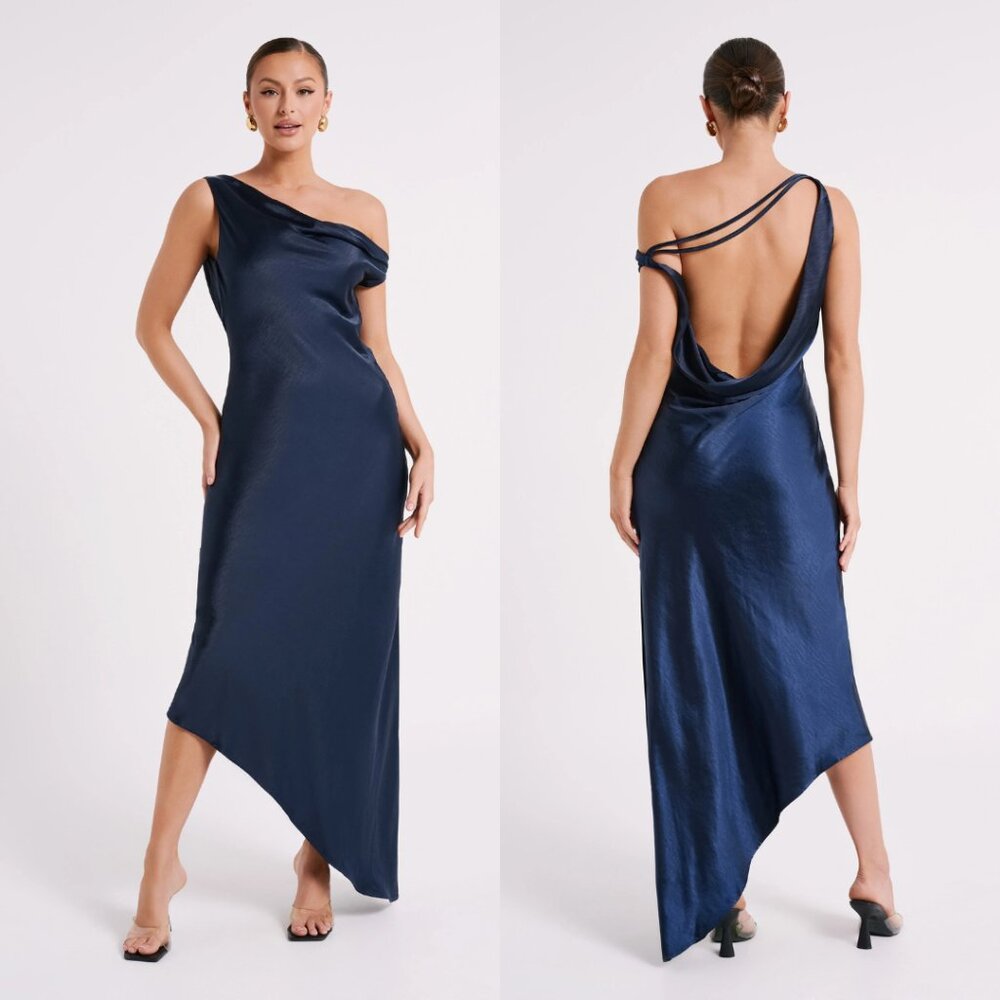 Meshki Yvette Slip Maxi Dress With Asymmetrical Hem Navy